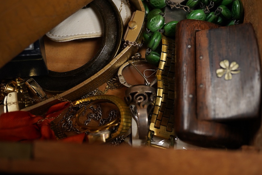 A small group of assorted mainly costume jewellery and wrist watches, including two silver hinged bangles, green enamel necklace and BMW quartz chronograph wrist watch.
